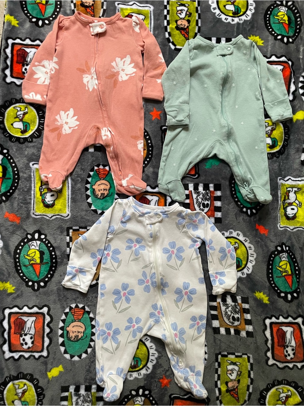 Carter's Floral & Solid Footed One-Piece Set - Pink, Mint, White